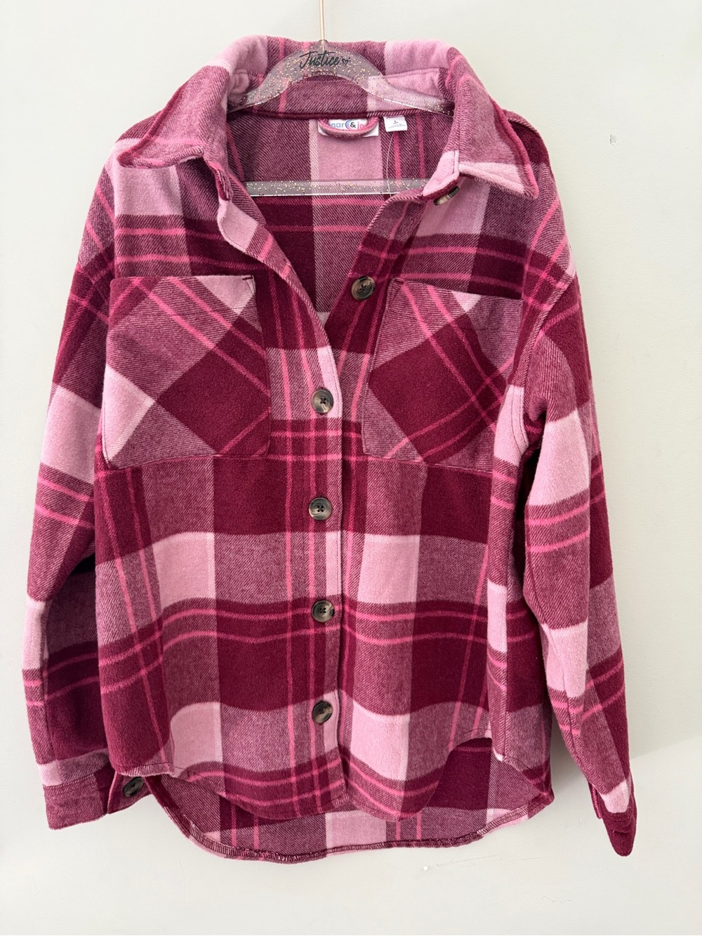 Kids Plaid Button-Front Shirt Jacket - Pink & Burgundy